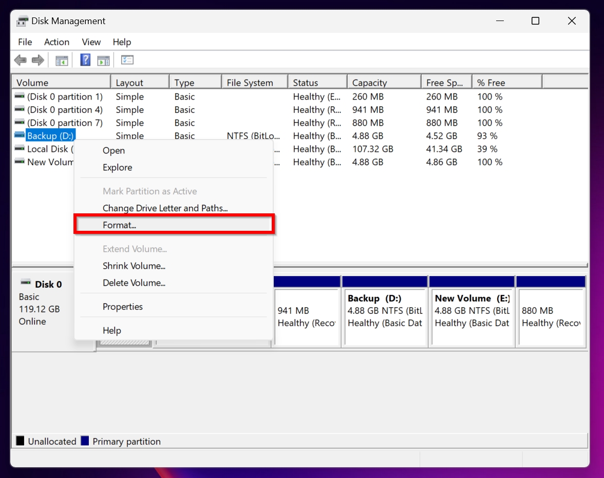 Format option in Disk Management.