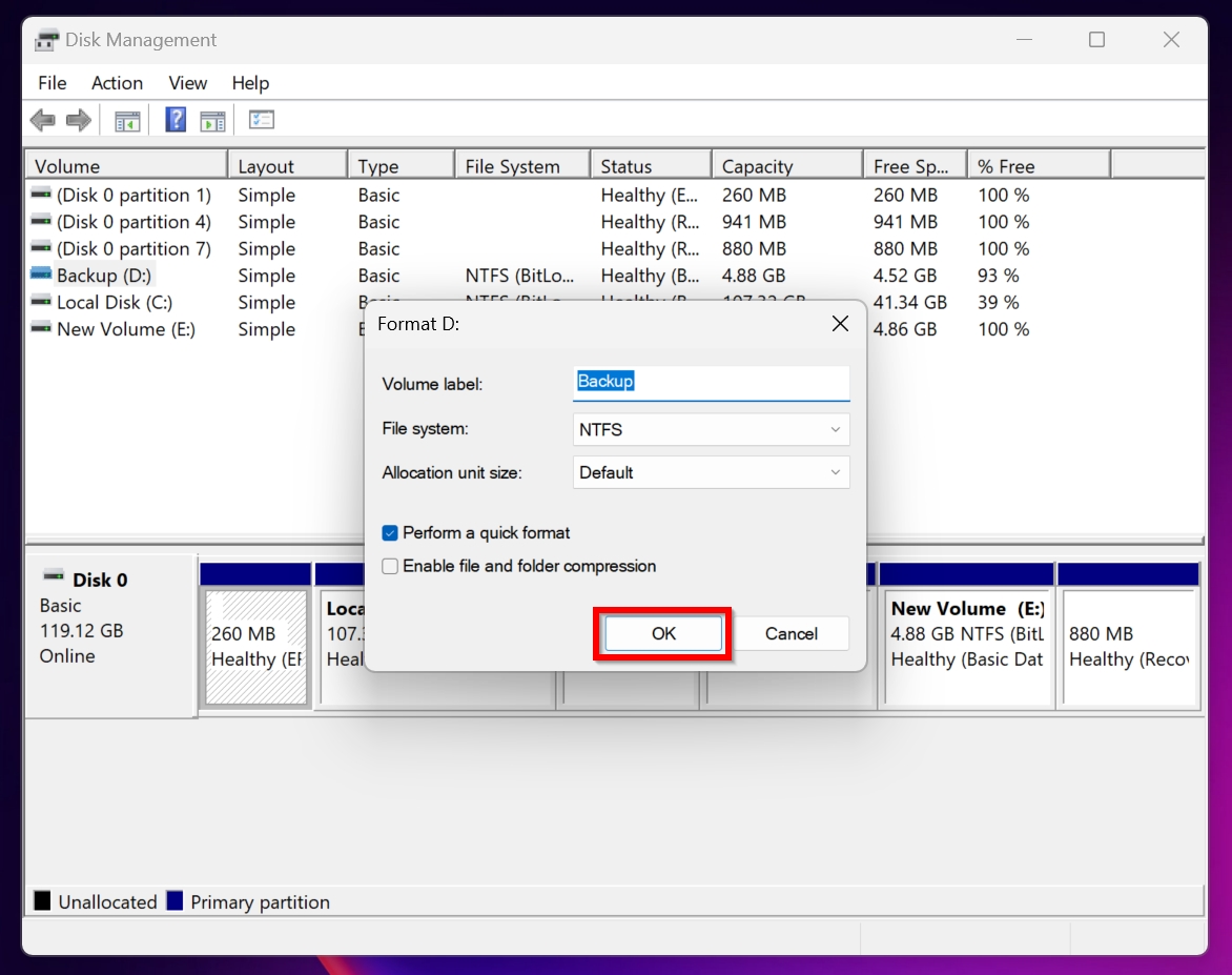 Format parameters in Disk Management.