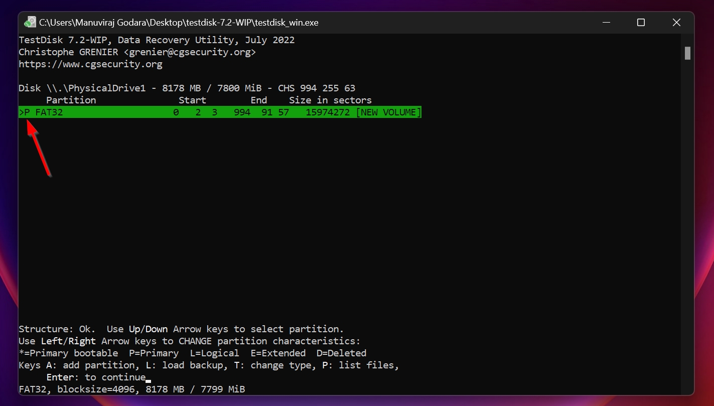 Primary partition initial in TestDisk.