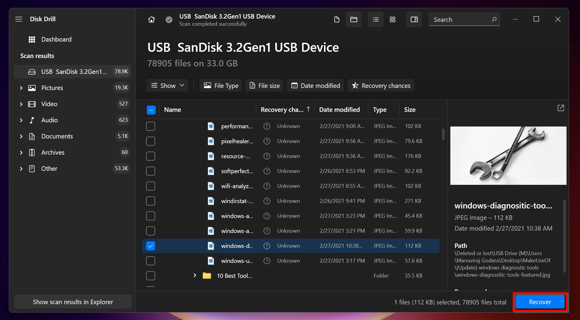 List of recoverable files in Disk Drill.