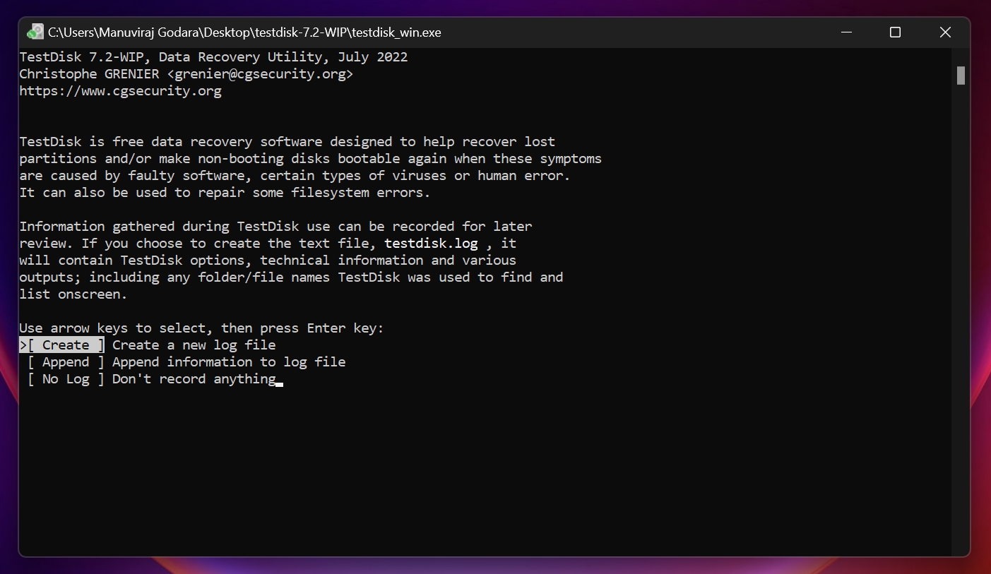 Log file creation screen in TestDisk.