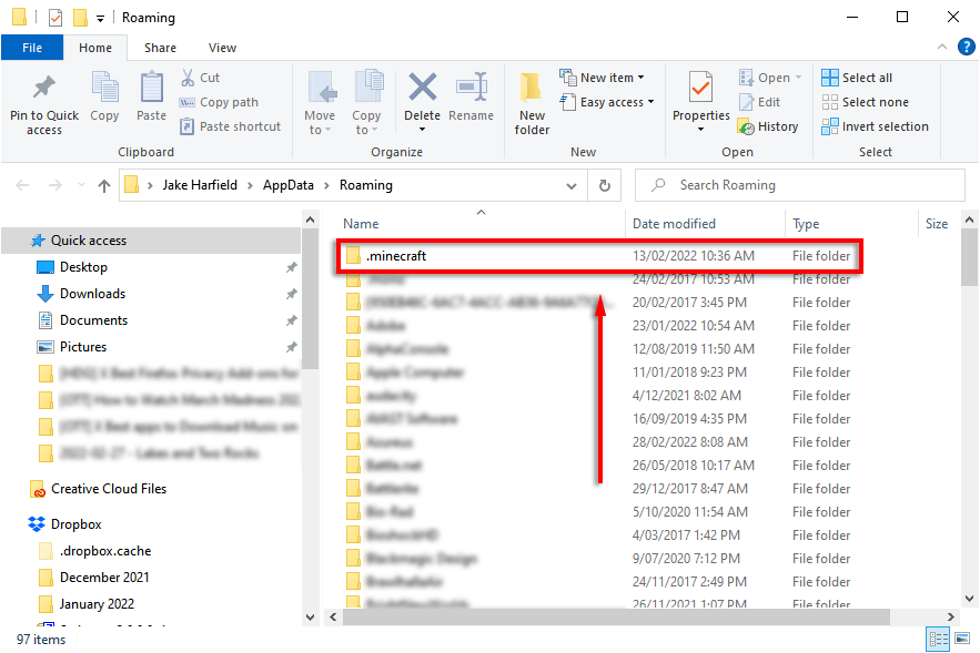 navigating to the .minecraft folder in the appdata folder