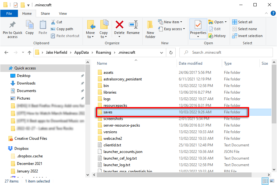 navigating to the saves folder minecraft