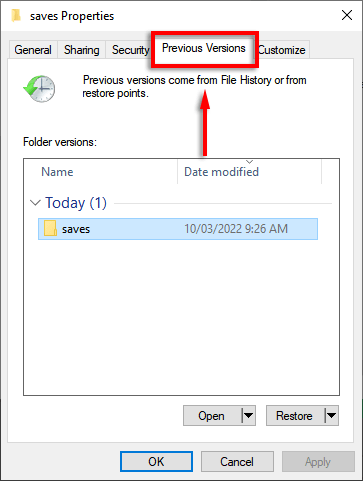 checking for previous versions of the folder