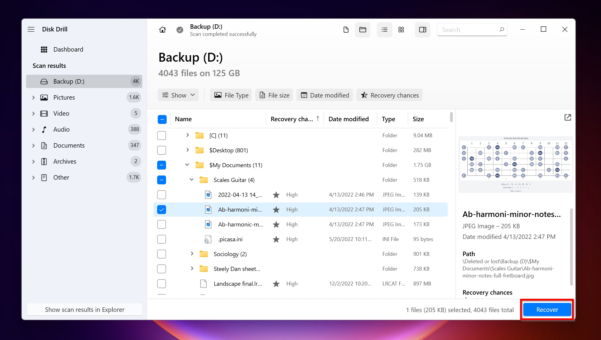 List of recoverable files in Disk Drill.