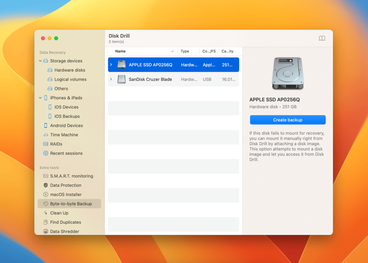 Disk Drill Byte-to-byte backup screen