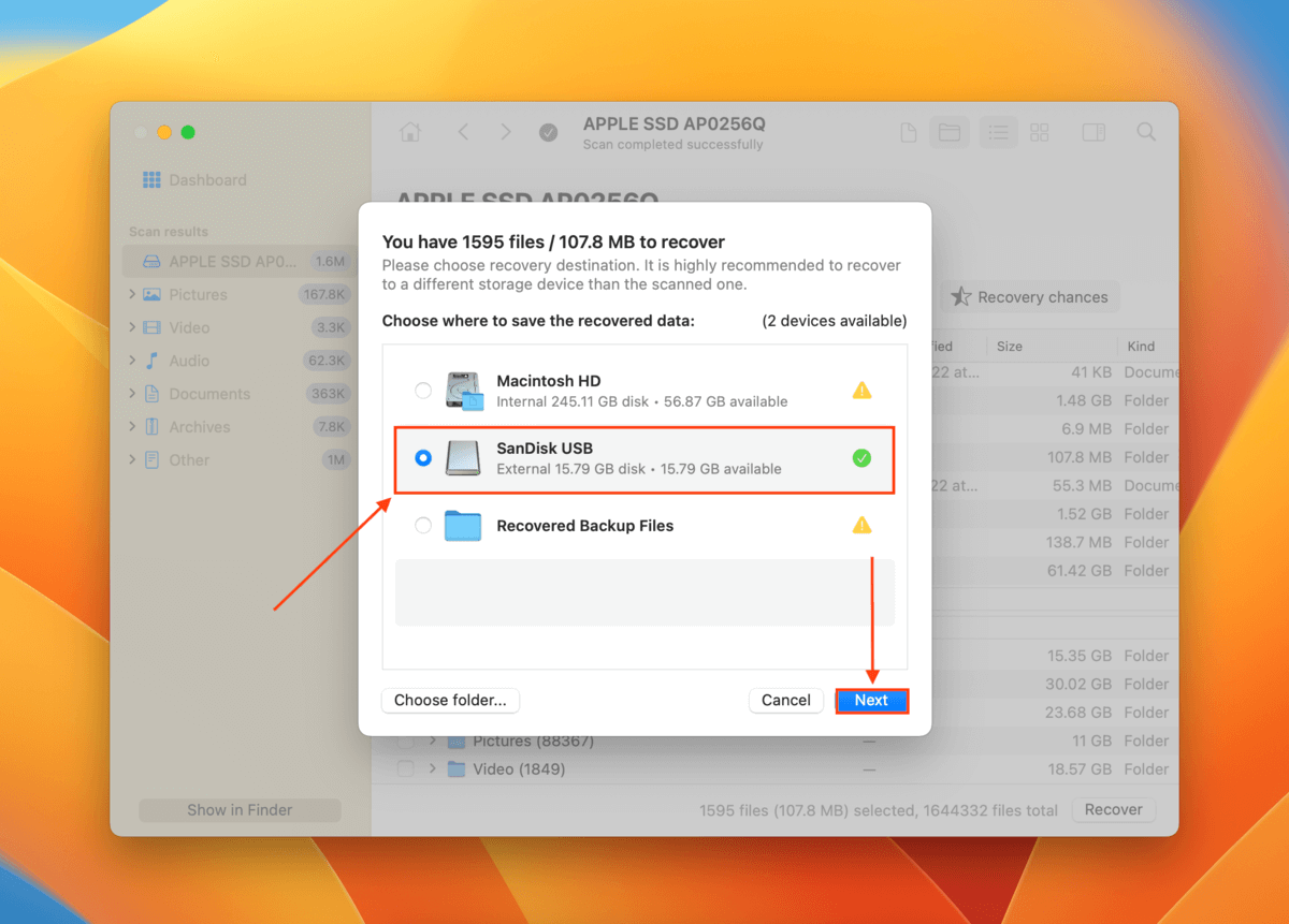 Disk Drill file destination selection dialogue