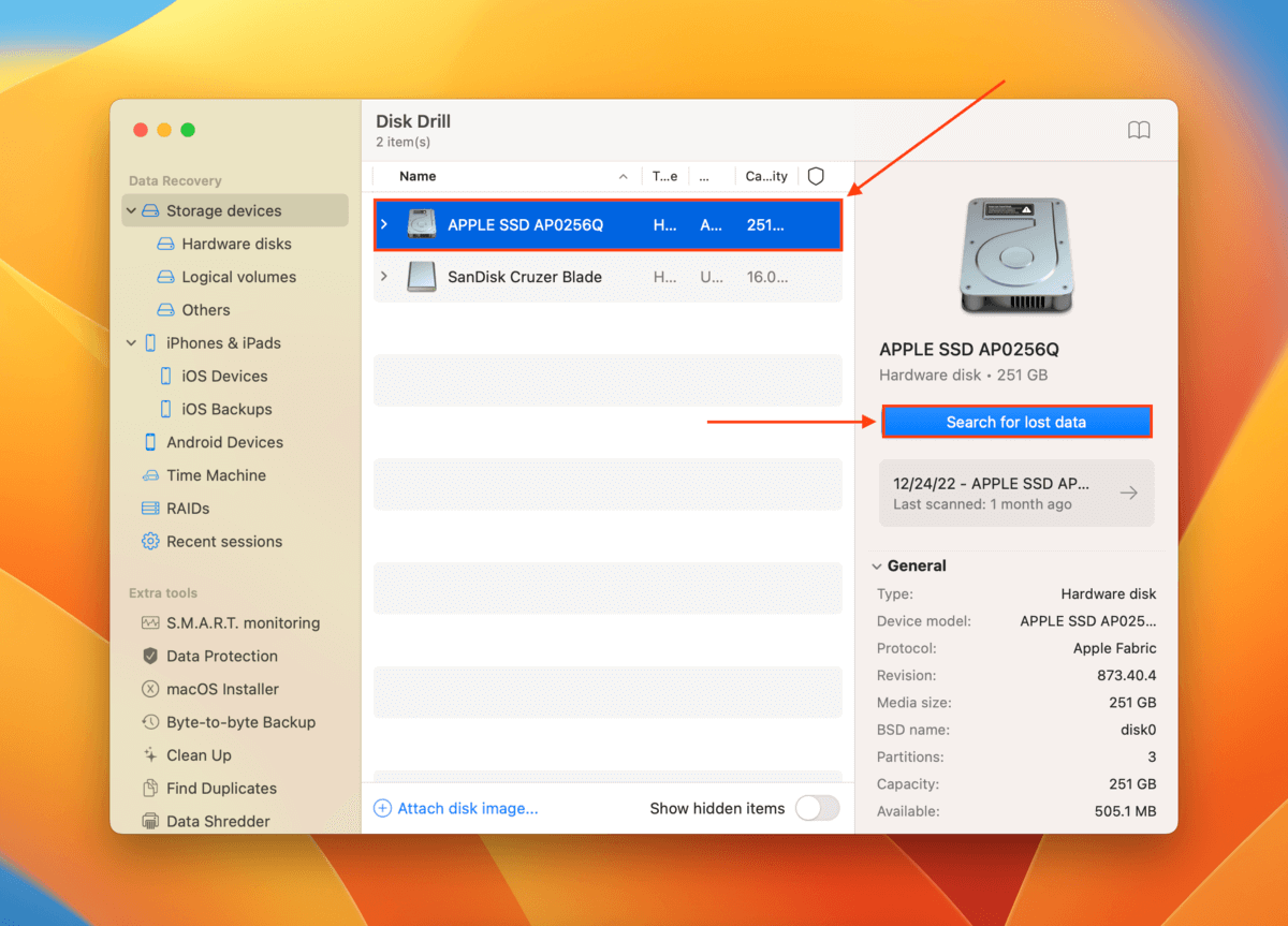 Disk Drill drive selection screen