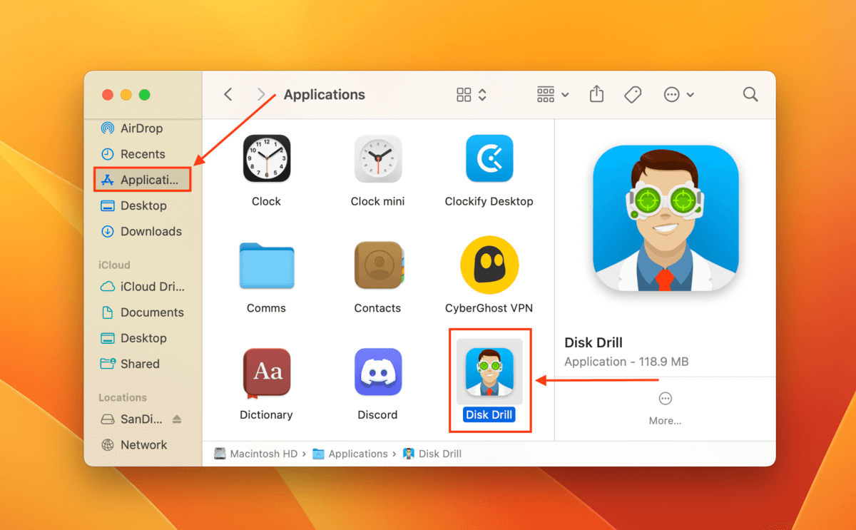 Disk Drill app in the Finder Applications folder
