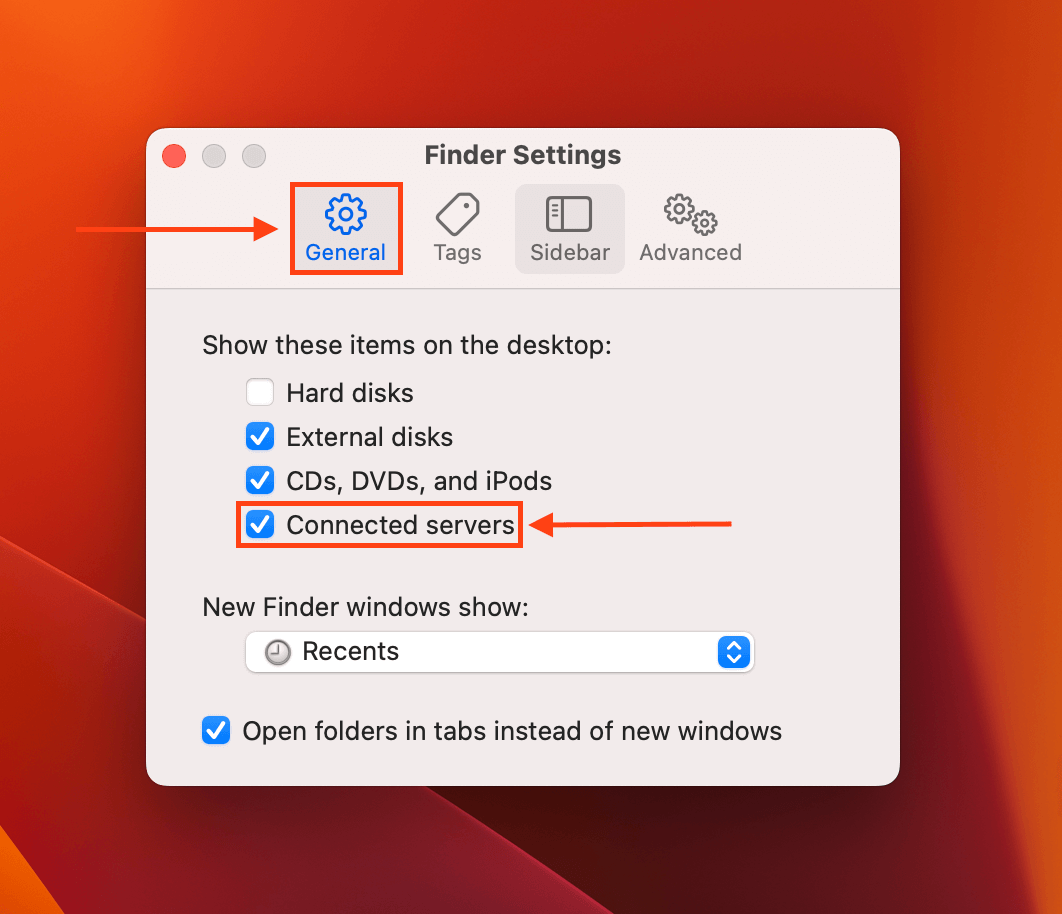 Finder settings window