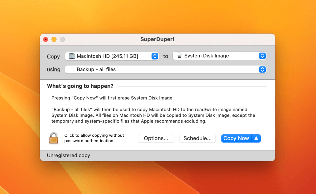 SuperDuper backup creation window
