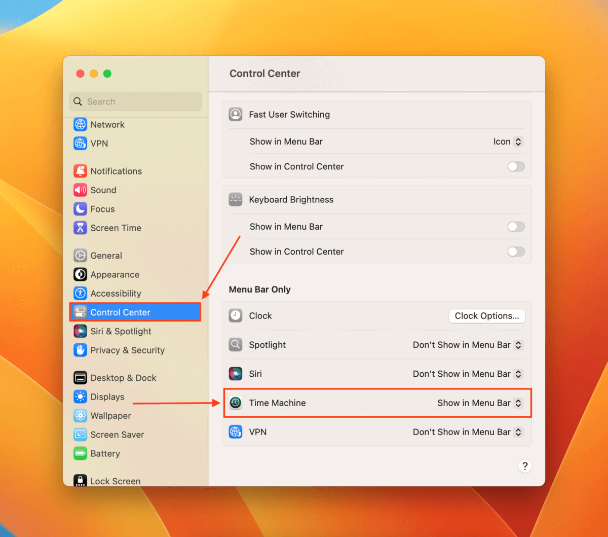 Time Machine settings in the Control Center menu in System Settings