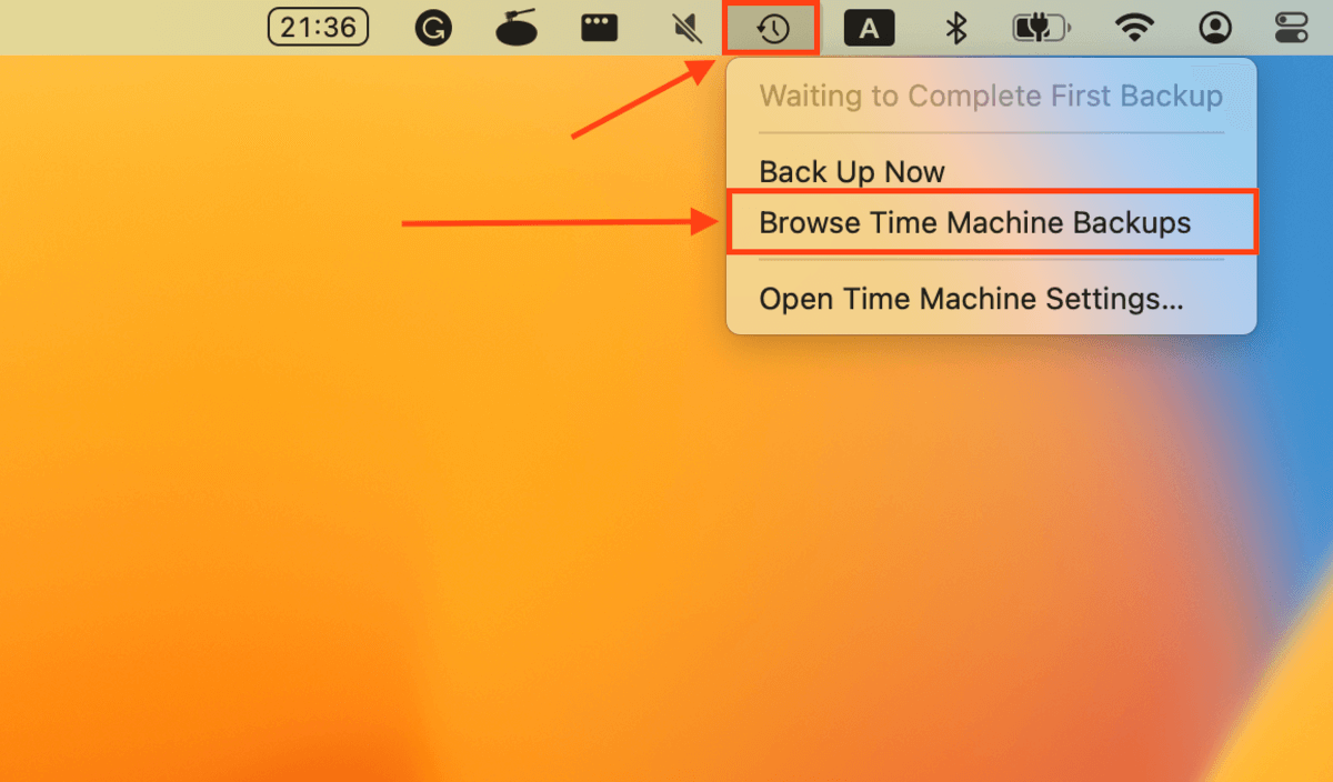 Time Machine button menu in the Apple menu bar