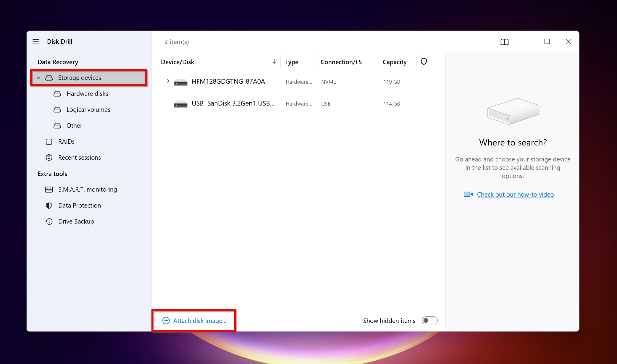 The Attach disk image option in Disk Drill. 