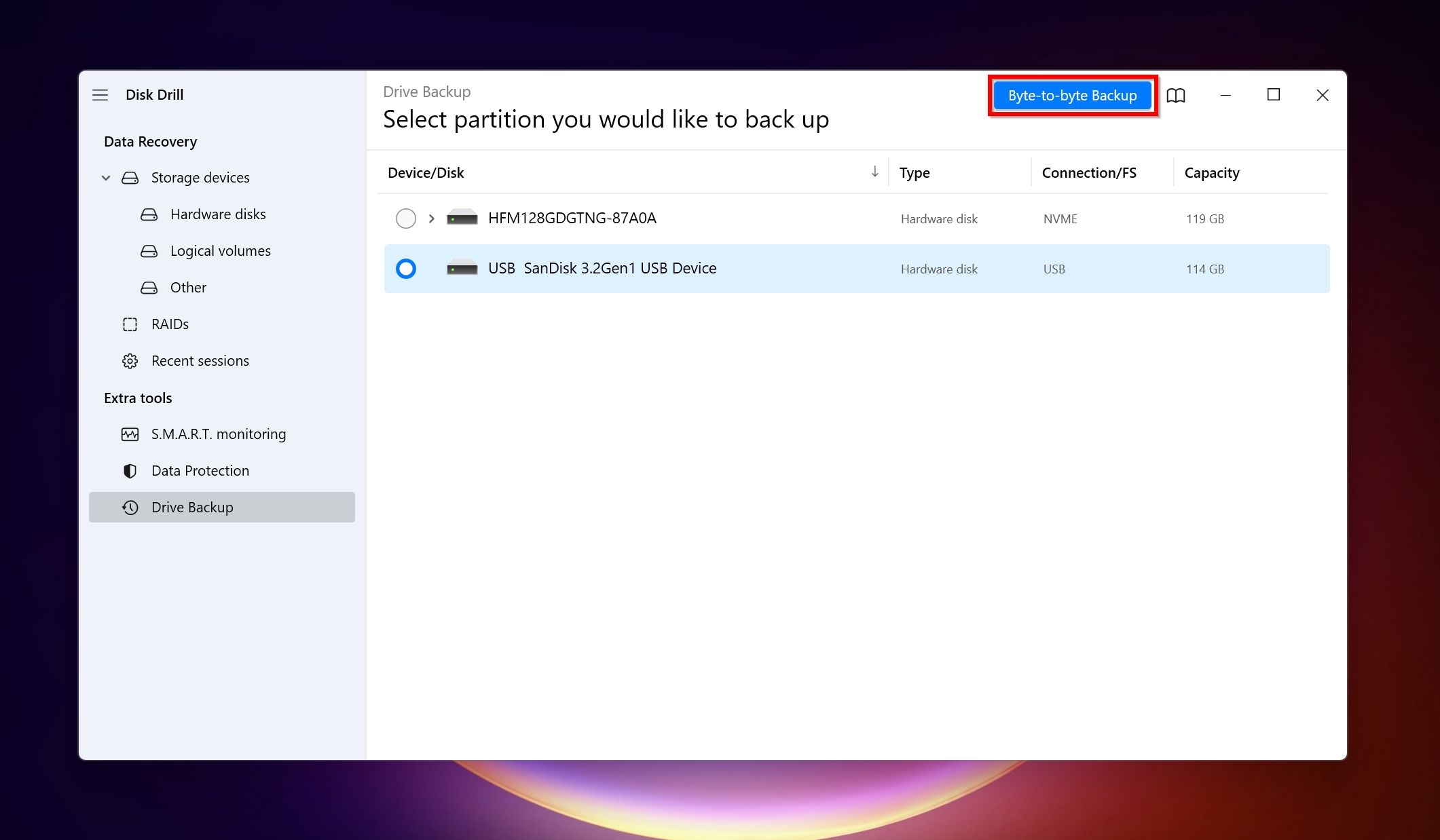 Byte-to-byte Backup Screen in Disk Drill. 