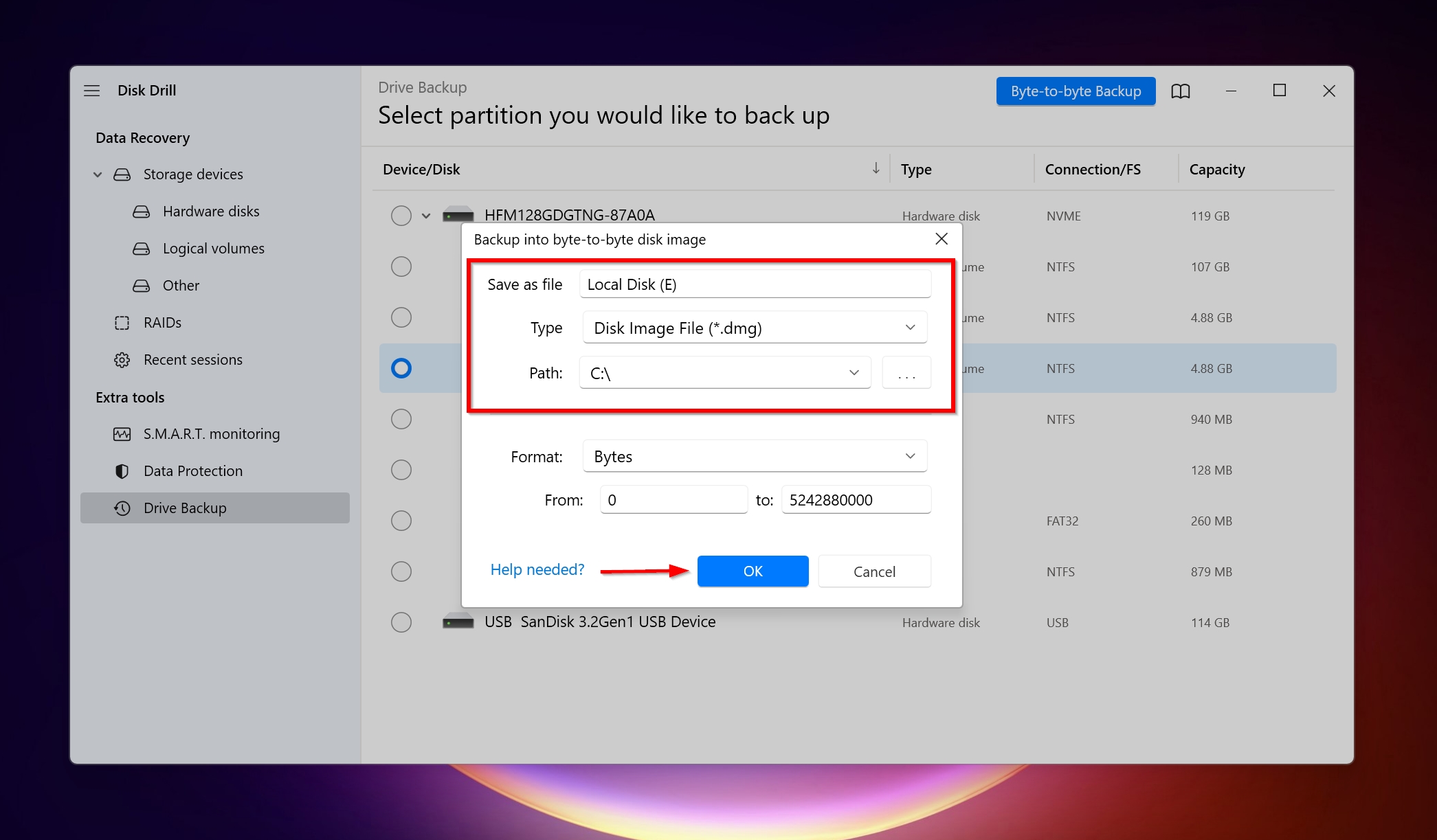 Byte-to-byte backup parameters window. 