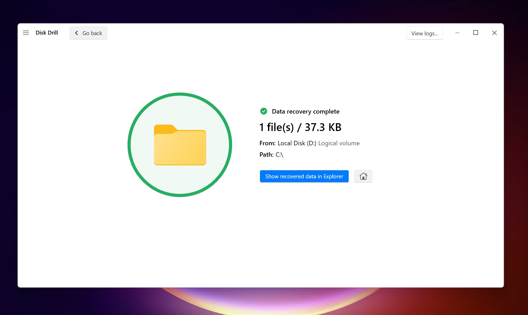 Data recovery successful screen in Disk Drill.