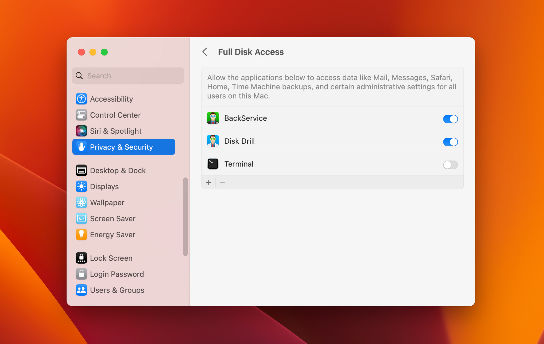 give full disk access
