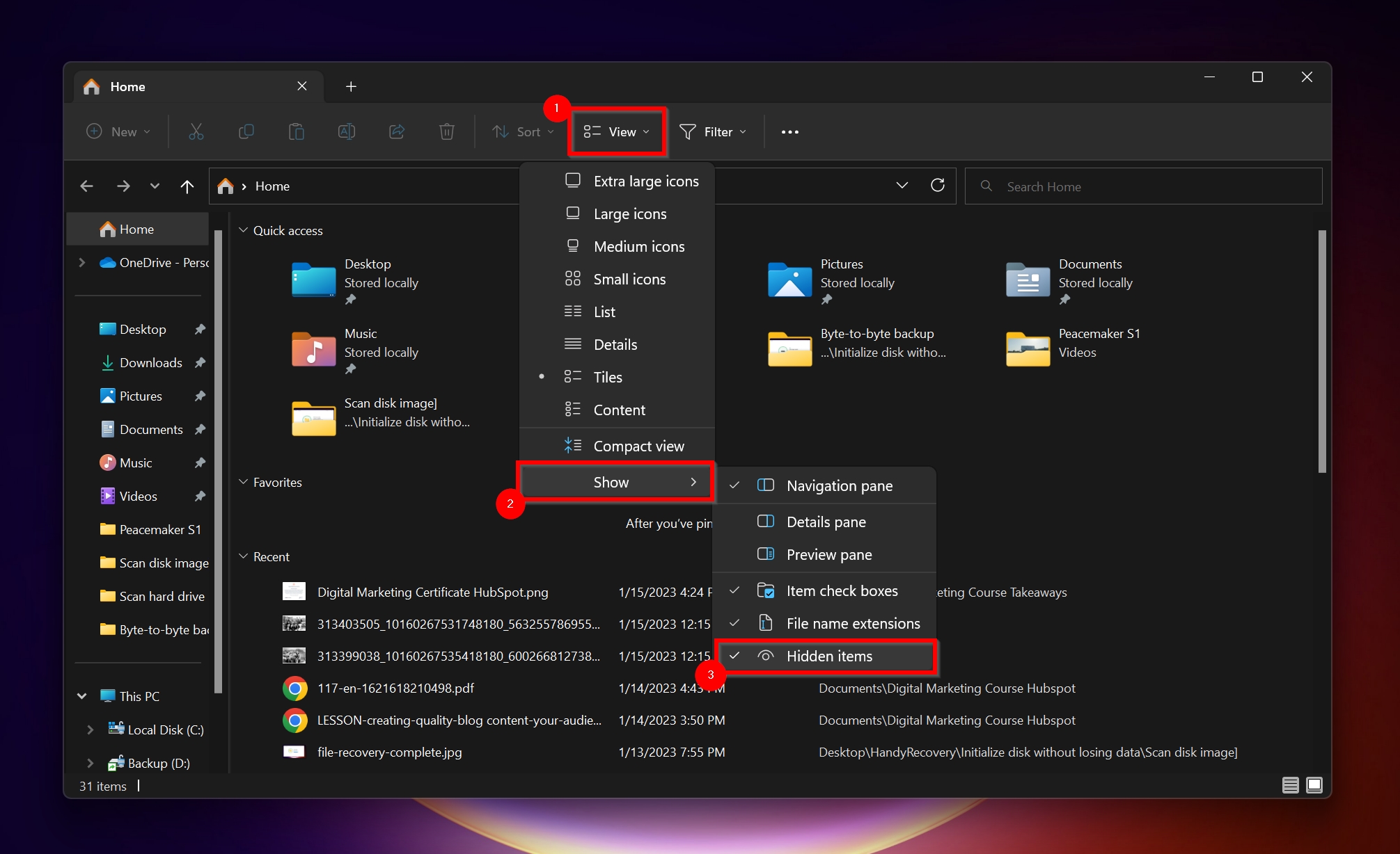 The Hidden Items option in Windows 11. 