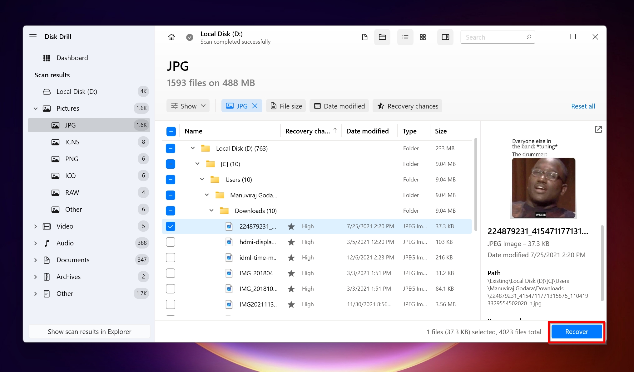 List of recoverable files in Disk Drill. 