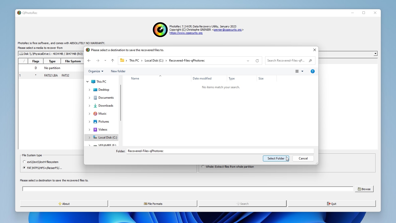 qPhotorec Select Destination