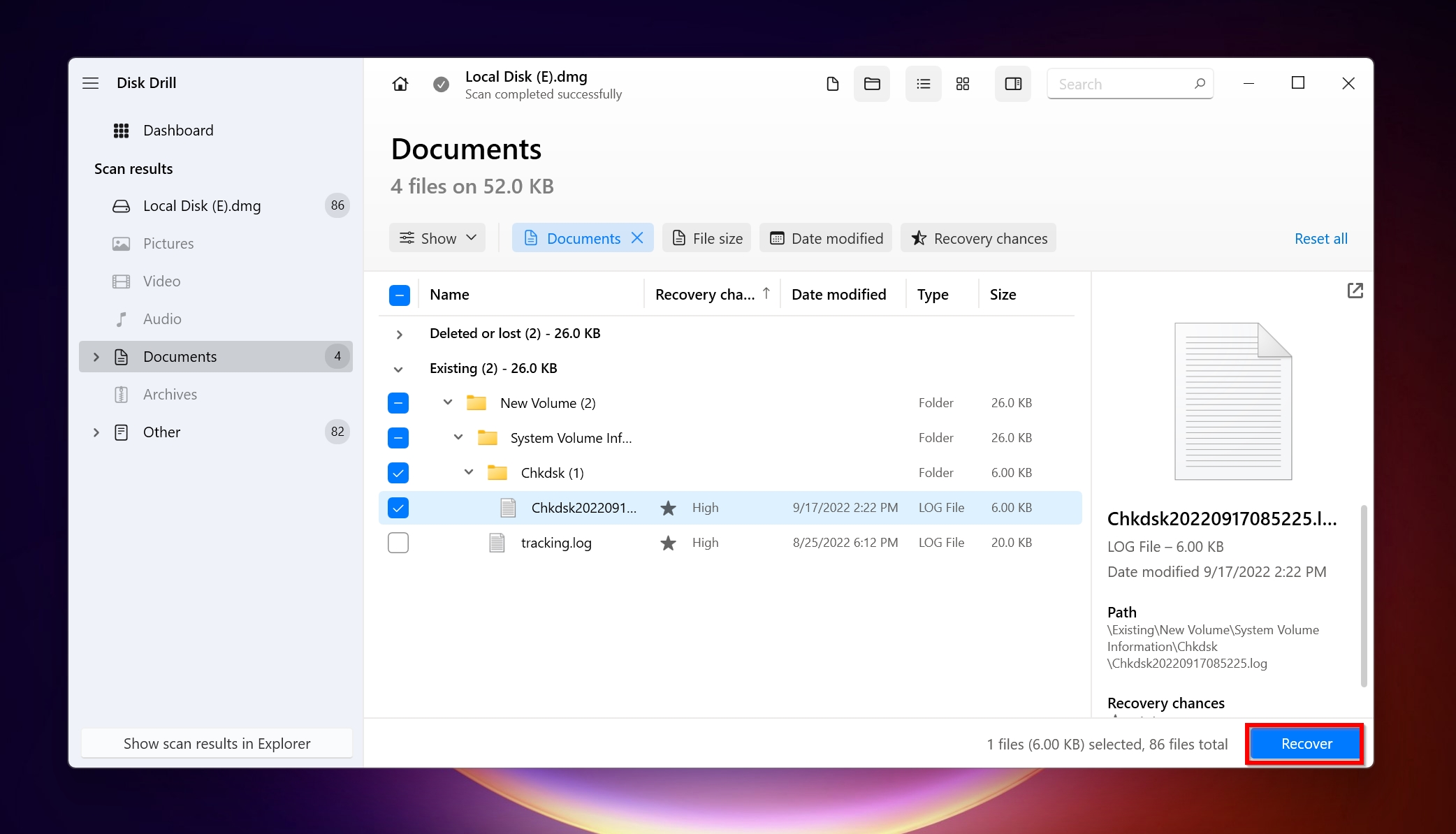 List of recoverable files in Disk Drill. 