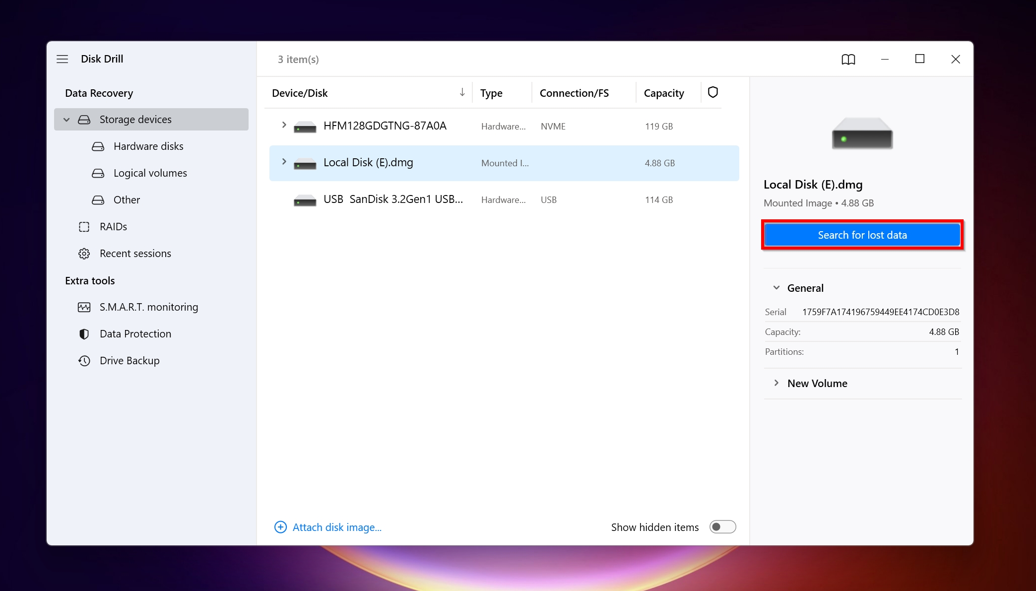 The data recovery scan screem in Disk Drill.