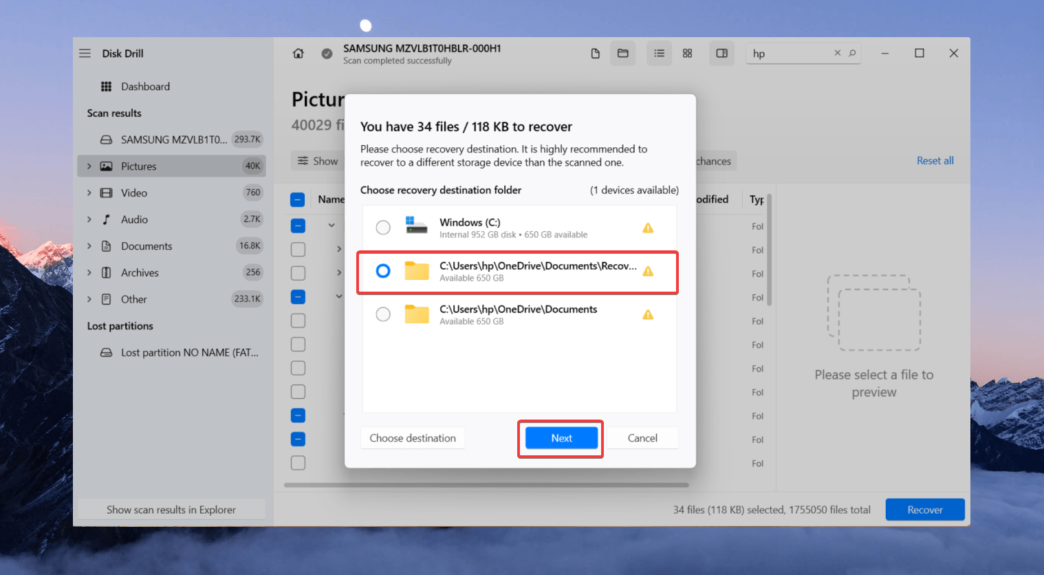 selecting destination for saving files