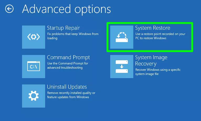 selecting the system restore option