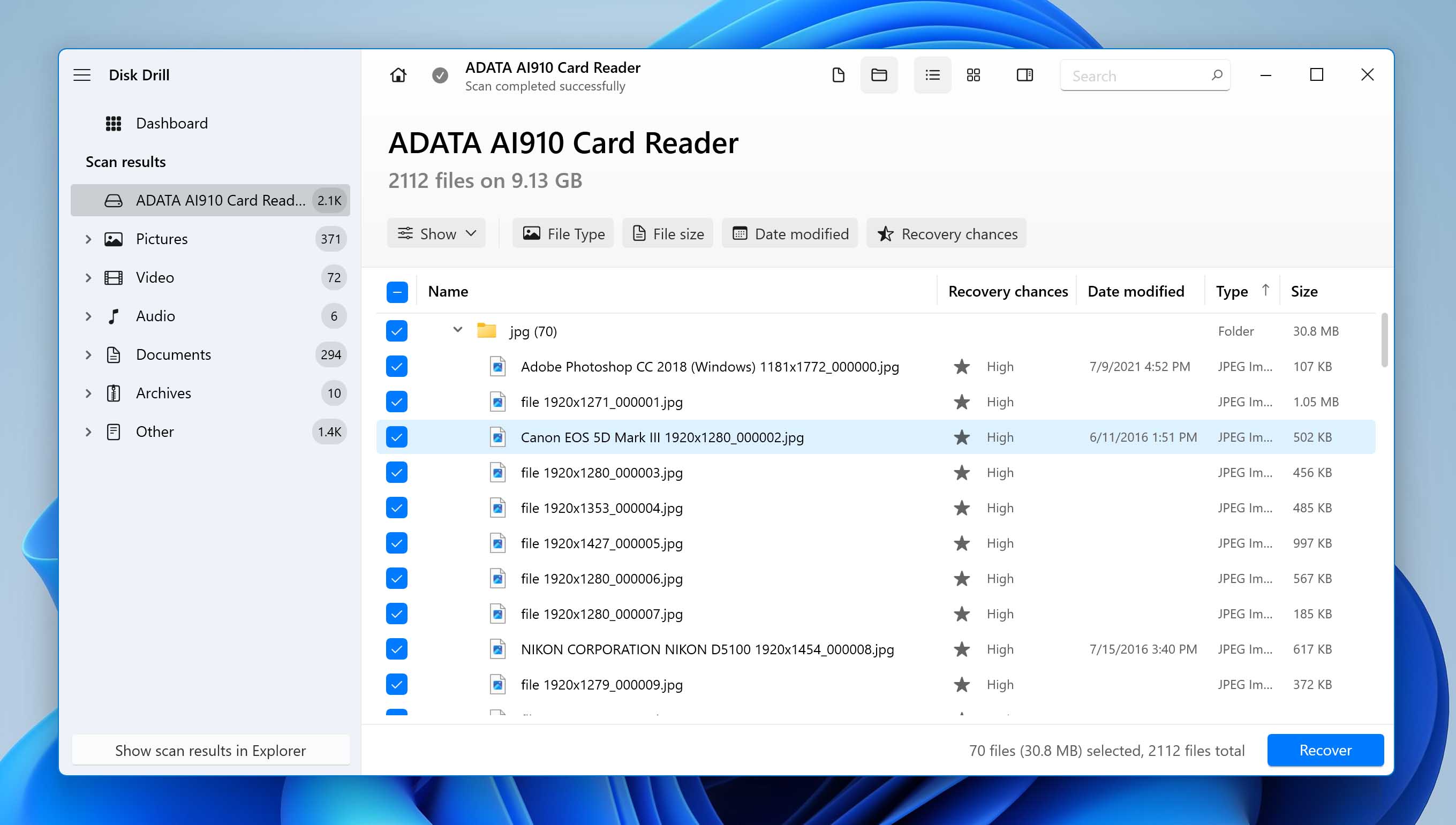 Select Files From Adata SD Card For Recovery