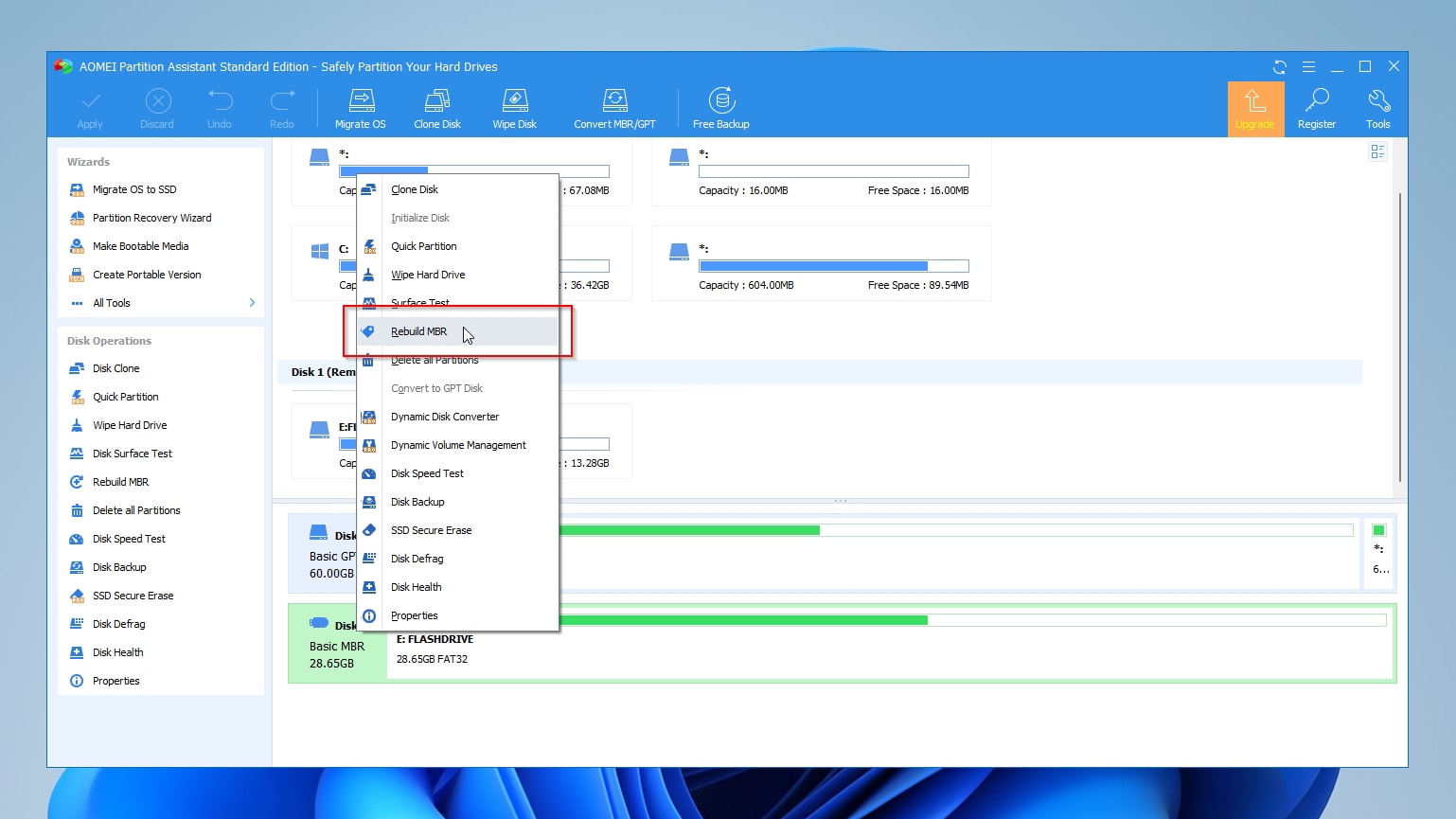 AOMEI Partition Assistant Rebuild MBR Menu Option