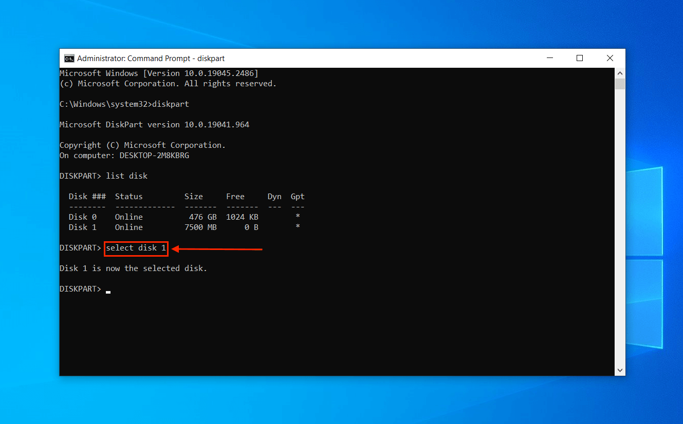 Select disk command in Command Prompt