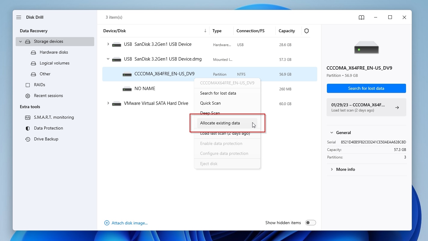 Disk Drill Allocate Existing Data