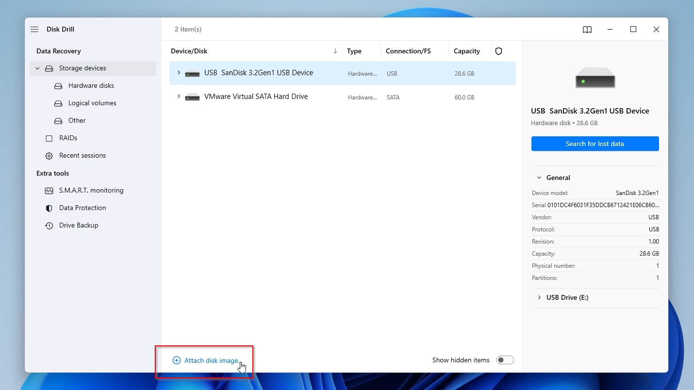 Disk Drill Attach Disk Image