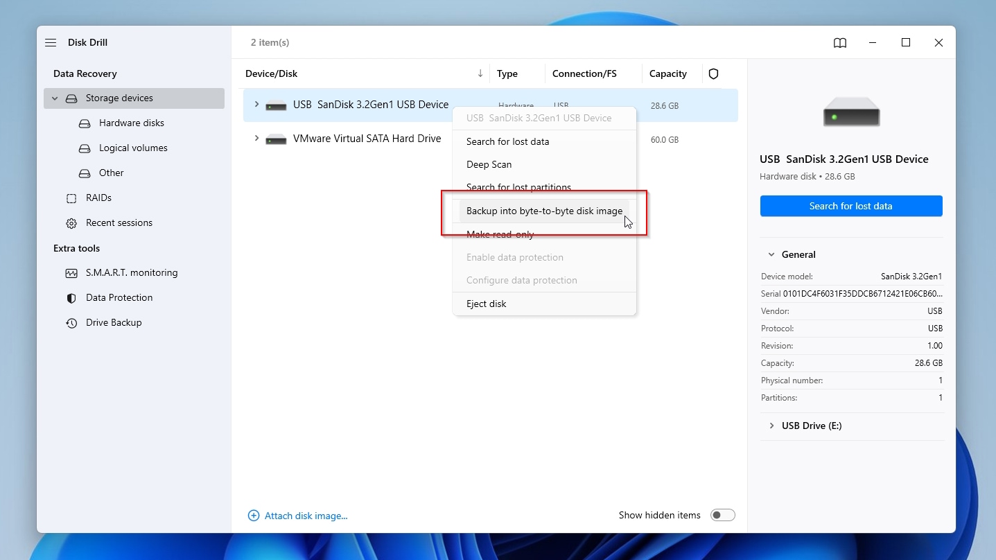 Disk Drill Backup Into Byte to Byte Disk Image Option