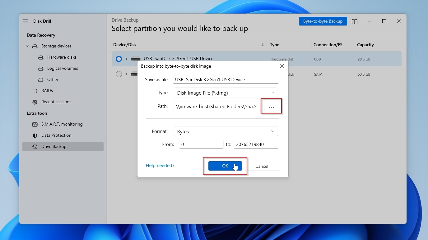 Disk Drill Byte to Byte Backup Image Destination