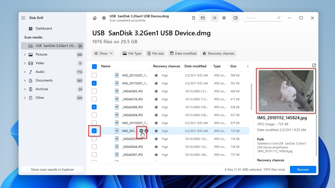 Disk Drill File Preview and Selection