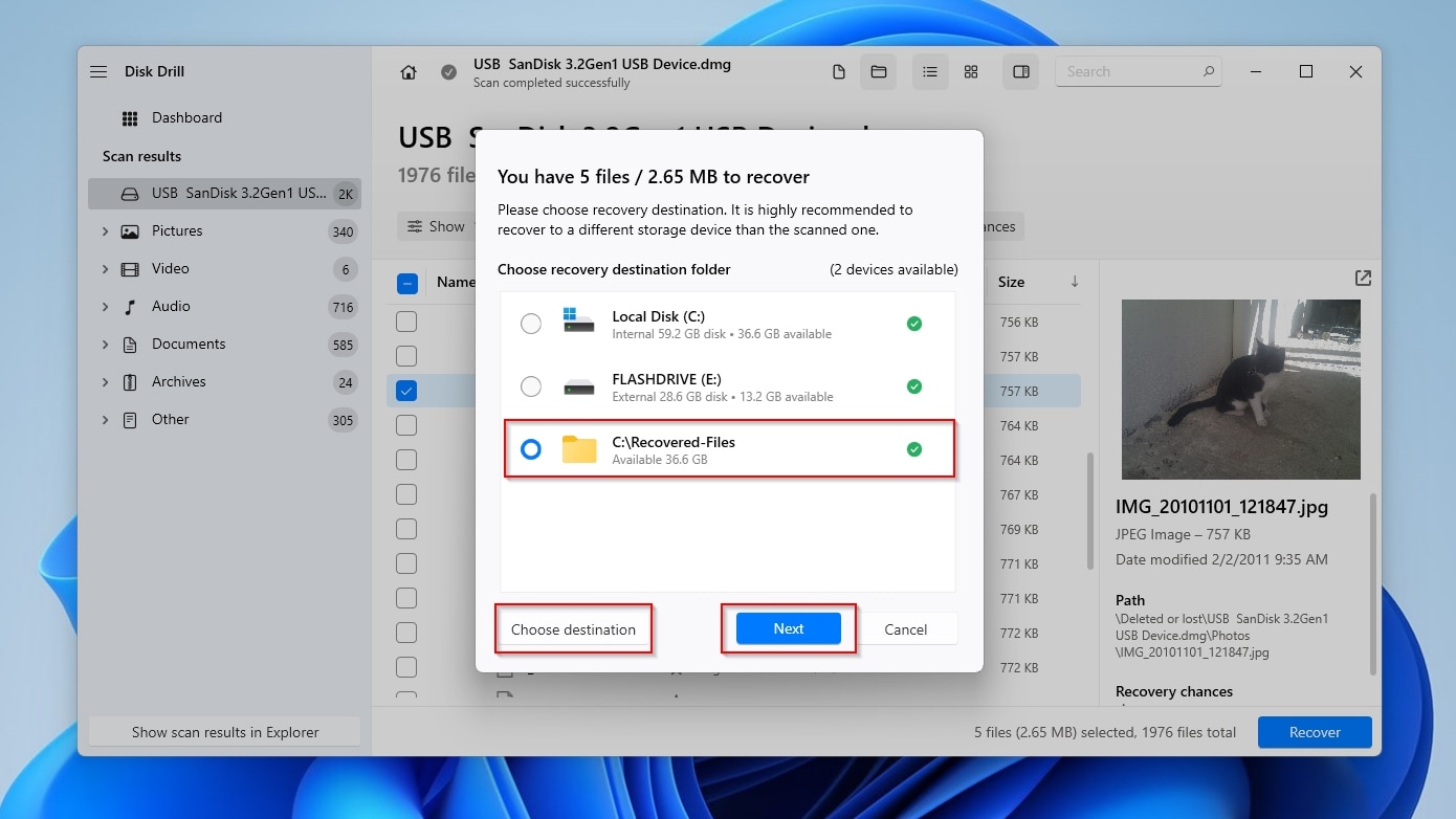 Disk Drill Recovery Destination Selection