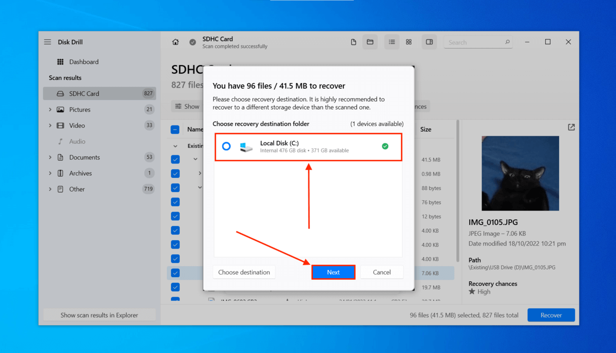 Disk Drill destination selection menu