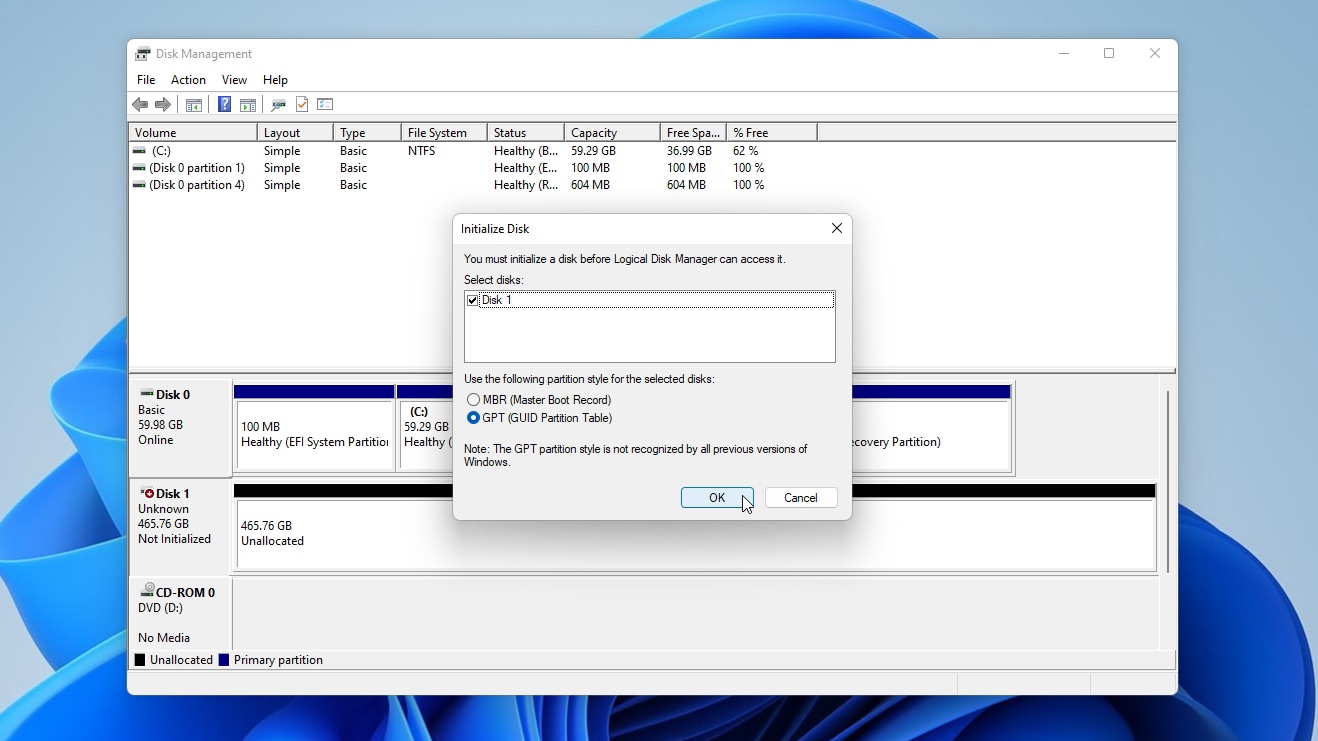 Disk Management Choose Partition Table Type