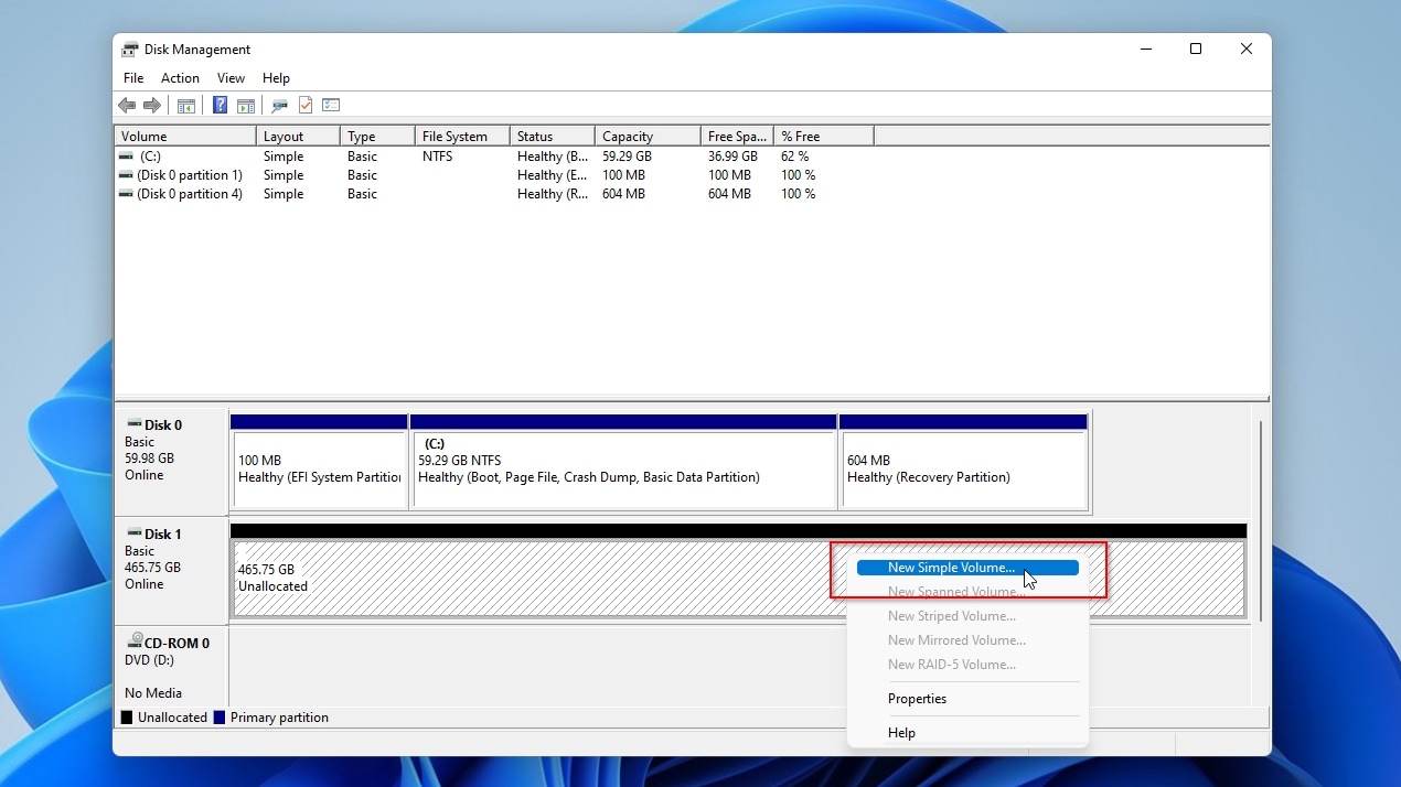 Disk Management New Simple Volume