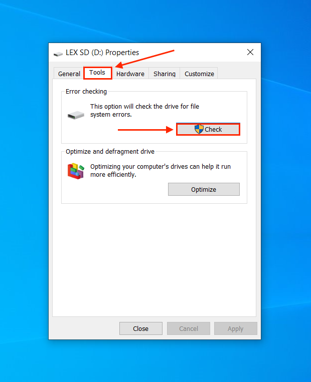 Error checking tool in the SD card's Properties window