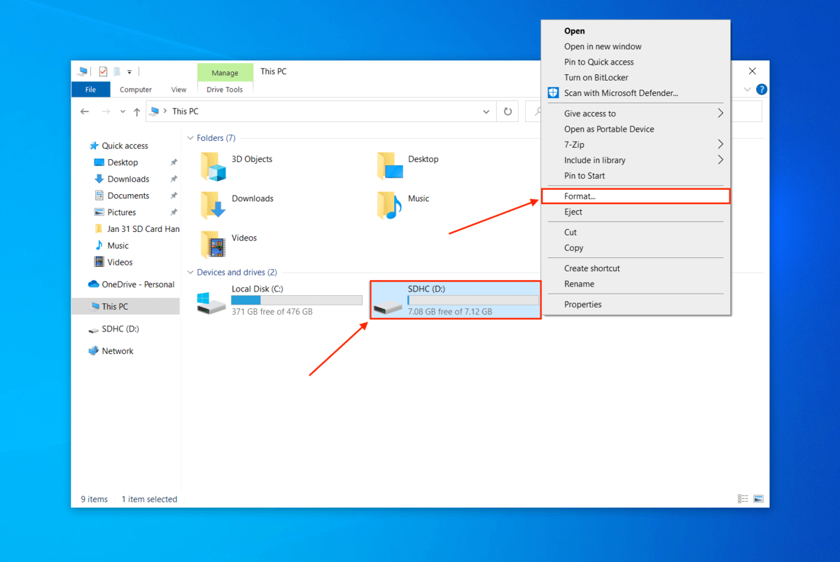 Format option in the SD card's right click menu