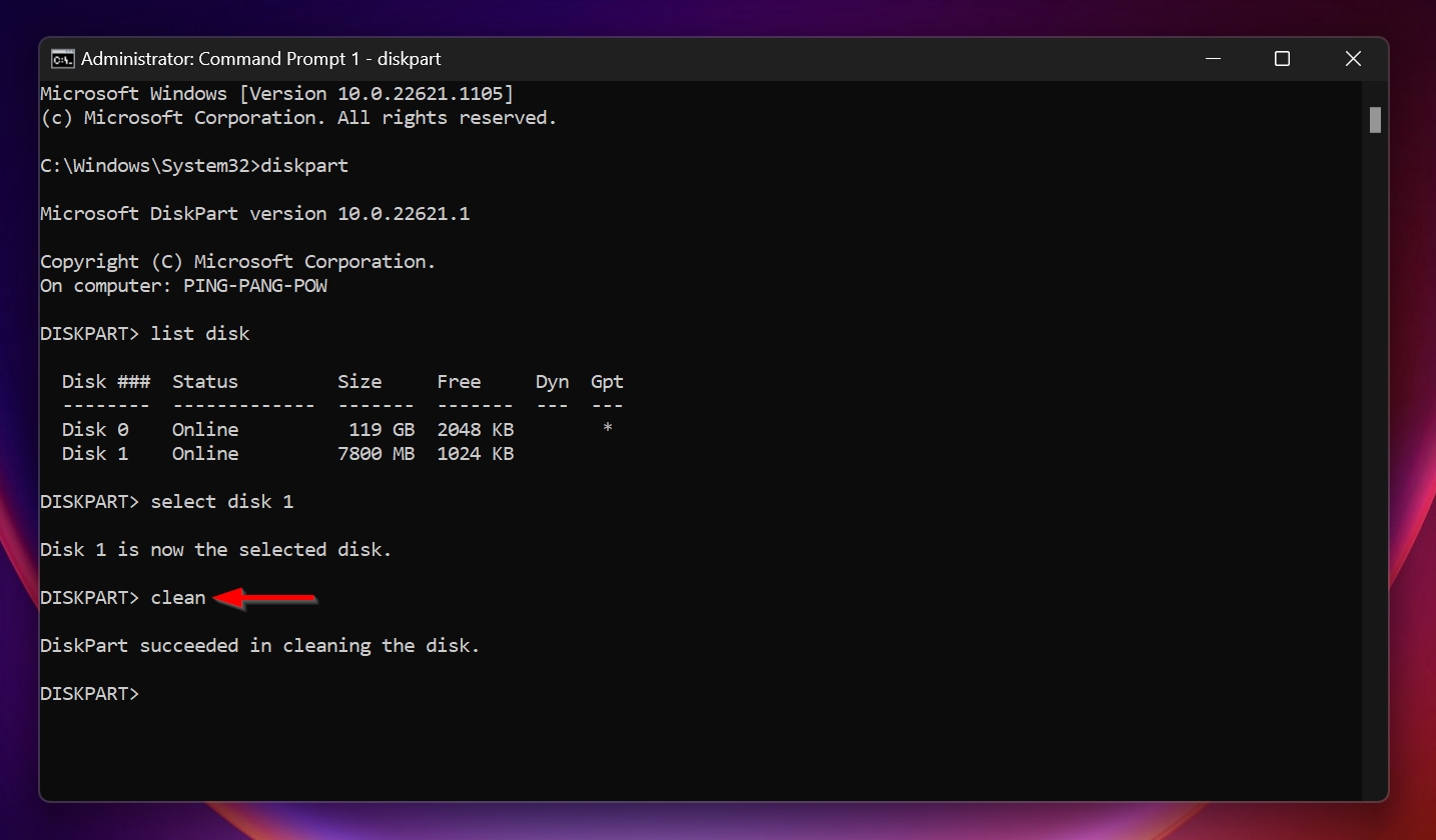 The clean command in the Command Prompt console.