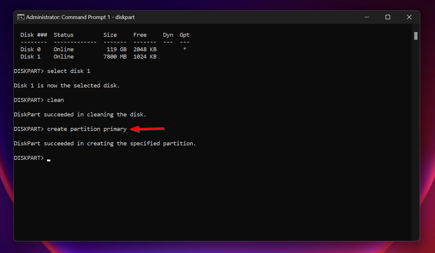The create partition primary command in the Command Prompt console.