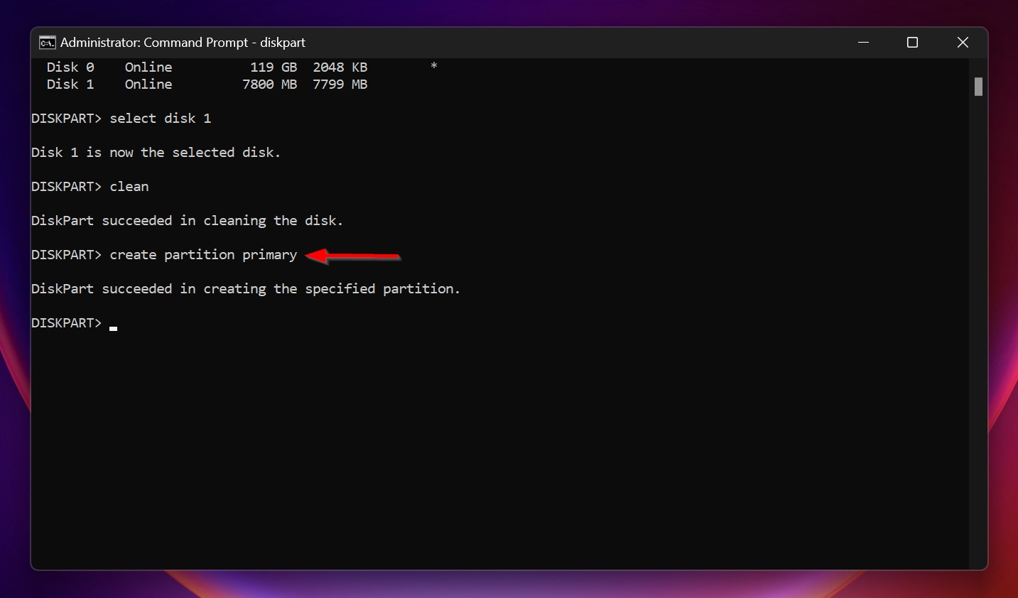 The create partition command in CMD.