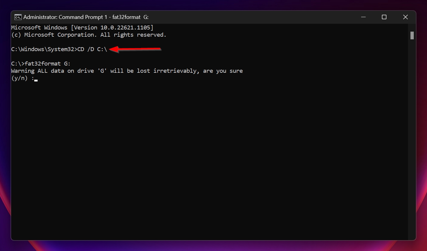 The disk drive selection command in the CMD console. 