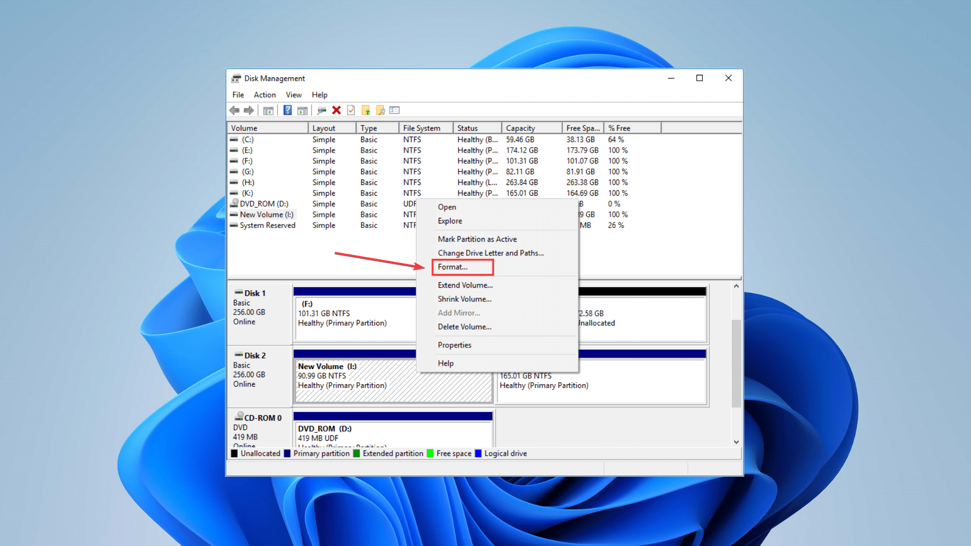 format option on disk management