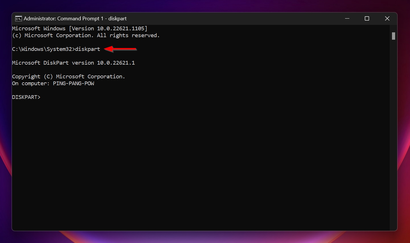 The Diskpart command in the Command Prompt console.