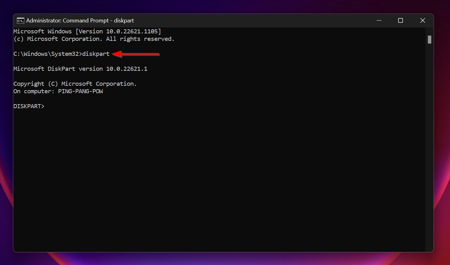 The diskpart command in Windows Command Prompt.